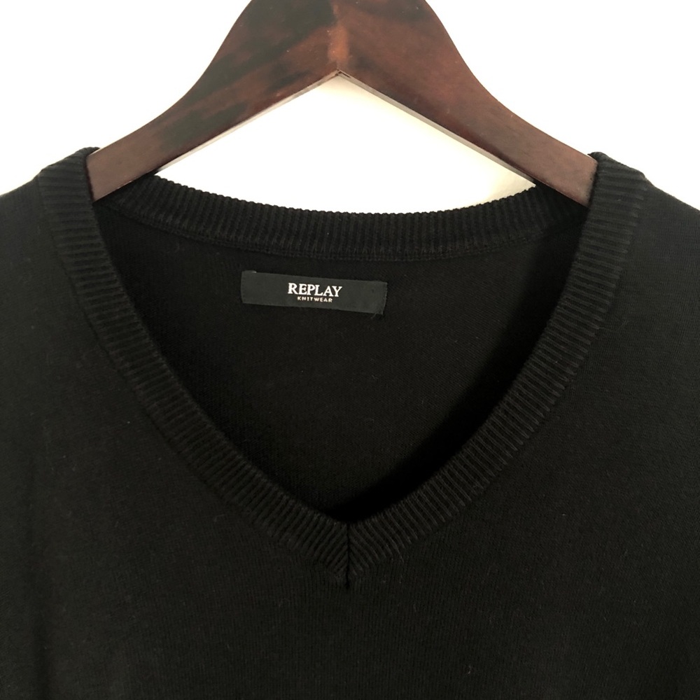 Replay Mens Jumper Size L Black Plain Pullover 100% Cotton Crew Neck Sweater